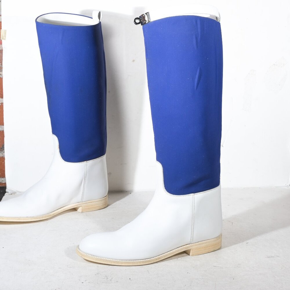 Hermes Jumping Boots in White/Blue - 38